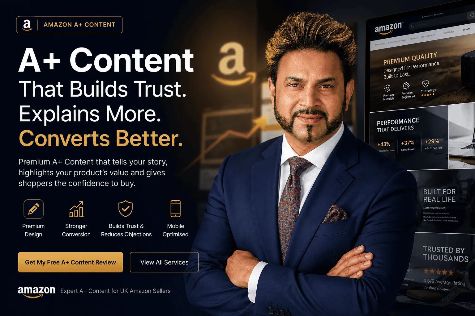 Amazon A+ Premium Content example modules — image-with-text, comparison chart and lifestyle hero, rendered as they appear on a UK Amazon product detail page