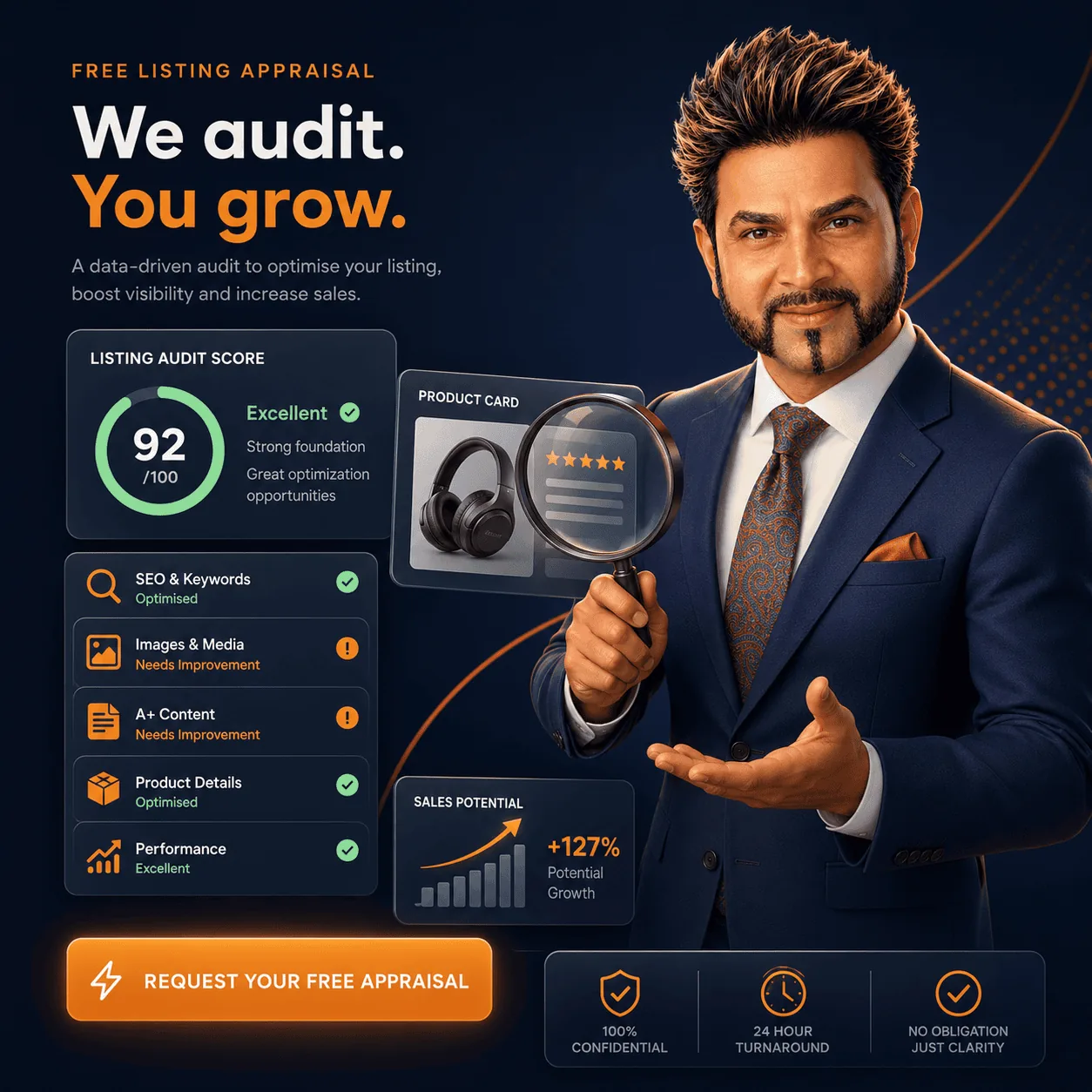 Billy Kukadia presenting a Buy Box Savvy Amazon UK listing audit — score, SEO, images, A+ Content and sales potential at a glance