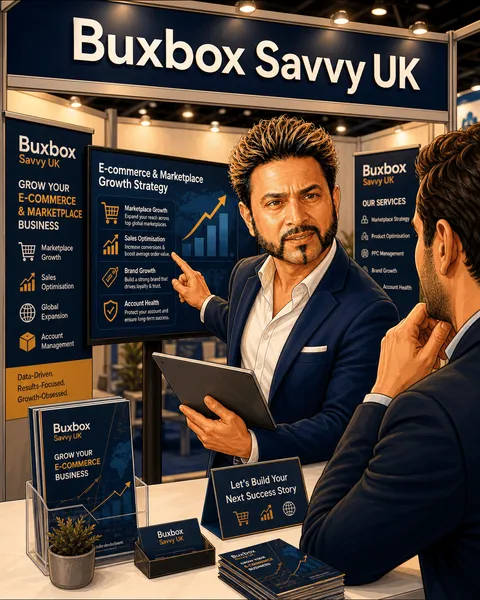 Billy Kukadia explaining e-commerce growth strategy at a Buy Box Savvy UK stand.