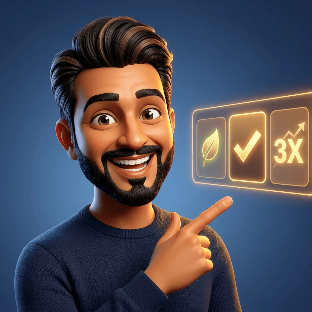 Billy Kukadia happily pointing at floating Amazon infographic benefit callouts — happy caricature