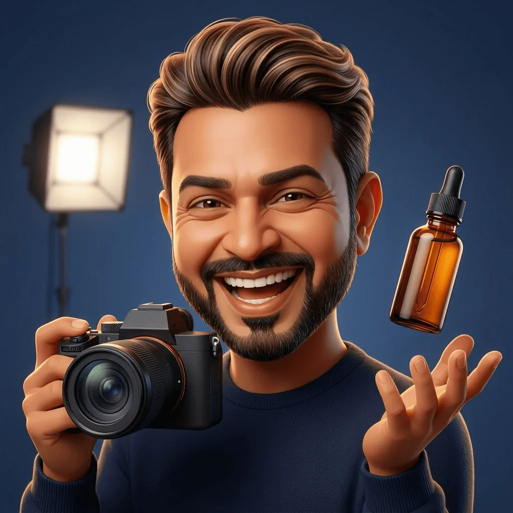 Billy Kukadia, UK Amazon photography lead, smiling and showing a product bottle and mirrorless camera — happy caricature