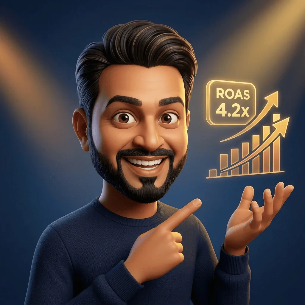Billy Kukadia happily pointing at a rising ROAS chart with 4.2x badge — happy caricature