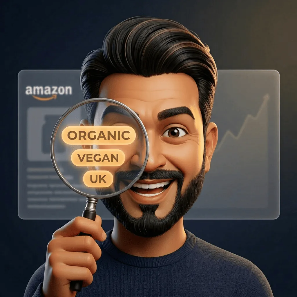 Billy Kukadia happily holding a magnifying glass over highlighted Amazon keywords — happy caricature