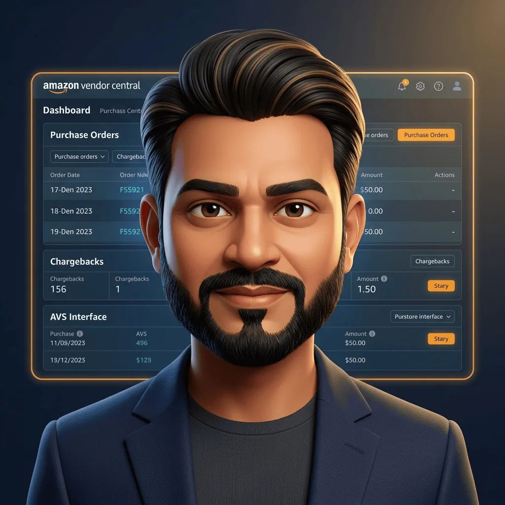 Billy Kukadia in front of an Amazon Vendor Central dashboard showing purchase orders and chargebacks — UK Vendor Central specialist