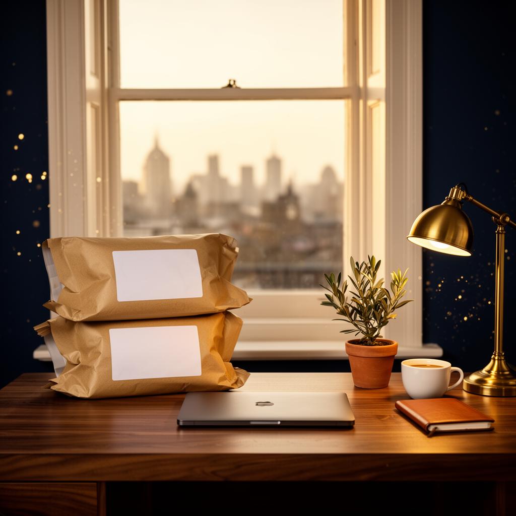 Independent UK Amazon seller's home studio at golden hour — unbranded kraft mailer parcels stacked beside a closed laptop and brass desk lamp, evoking the calm, foundation-first work of a 3P Seller Central operator.