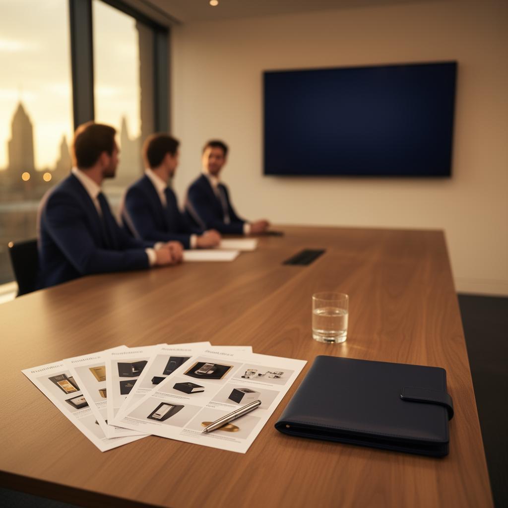 UK 1P vendor boardroom in soft focus — a long oak table with printed product catalogue sheets and a leather portfolio in the foreground, navy-suited buyers reviewing assortments by the window, evoking enterprise Vendor Central operations.