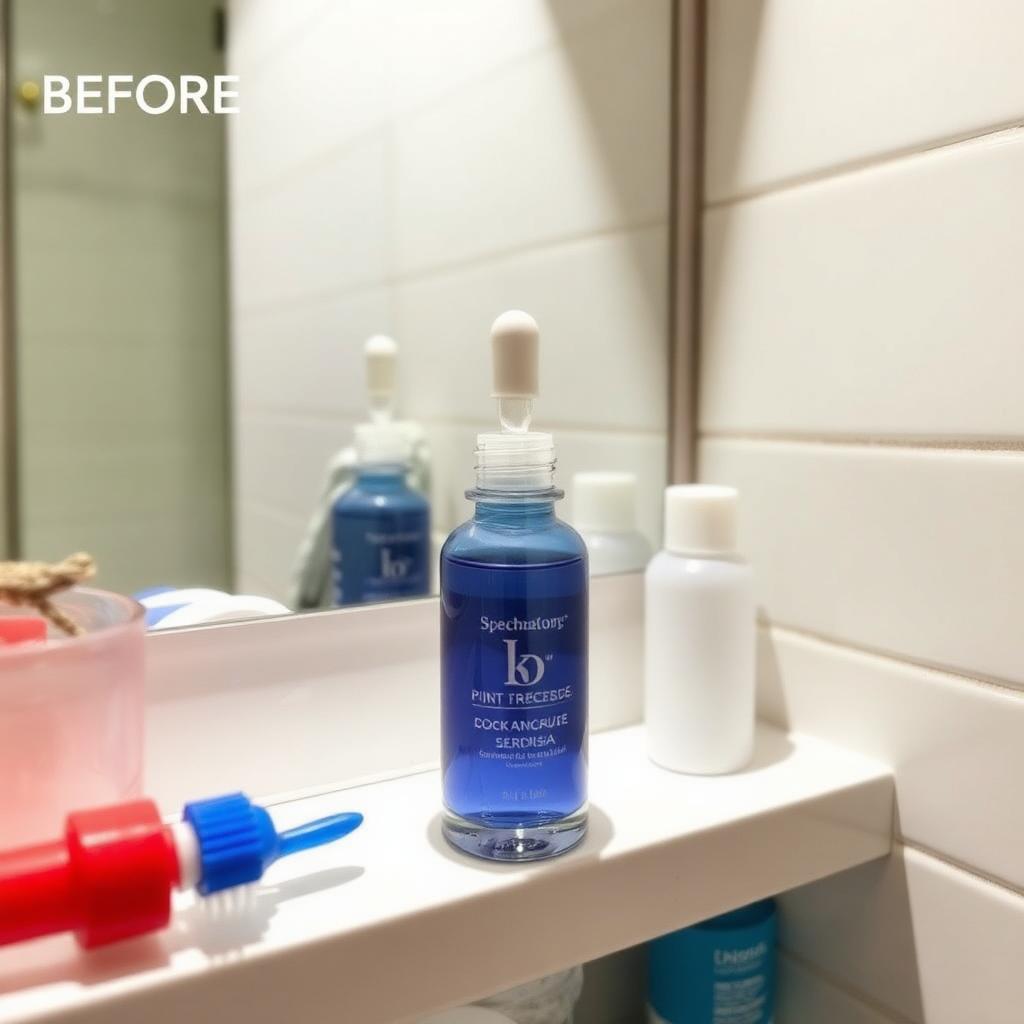 Skincare serum bottle photographed in a cluttered bathroom with hard shadows.