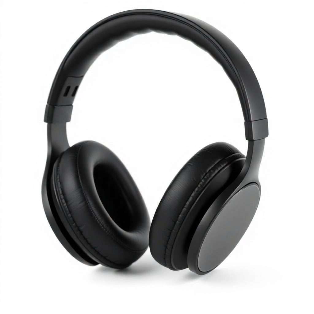The same black wireless headphones presented at a 3/4 hero angle on white.