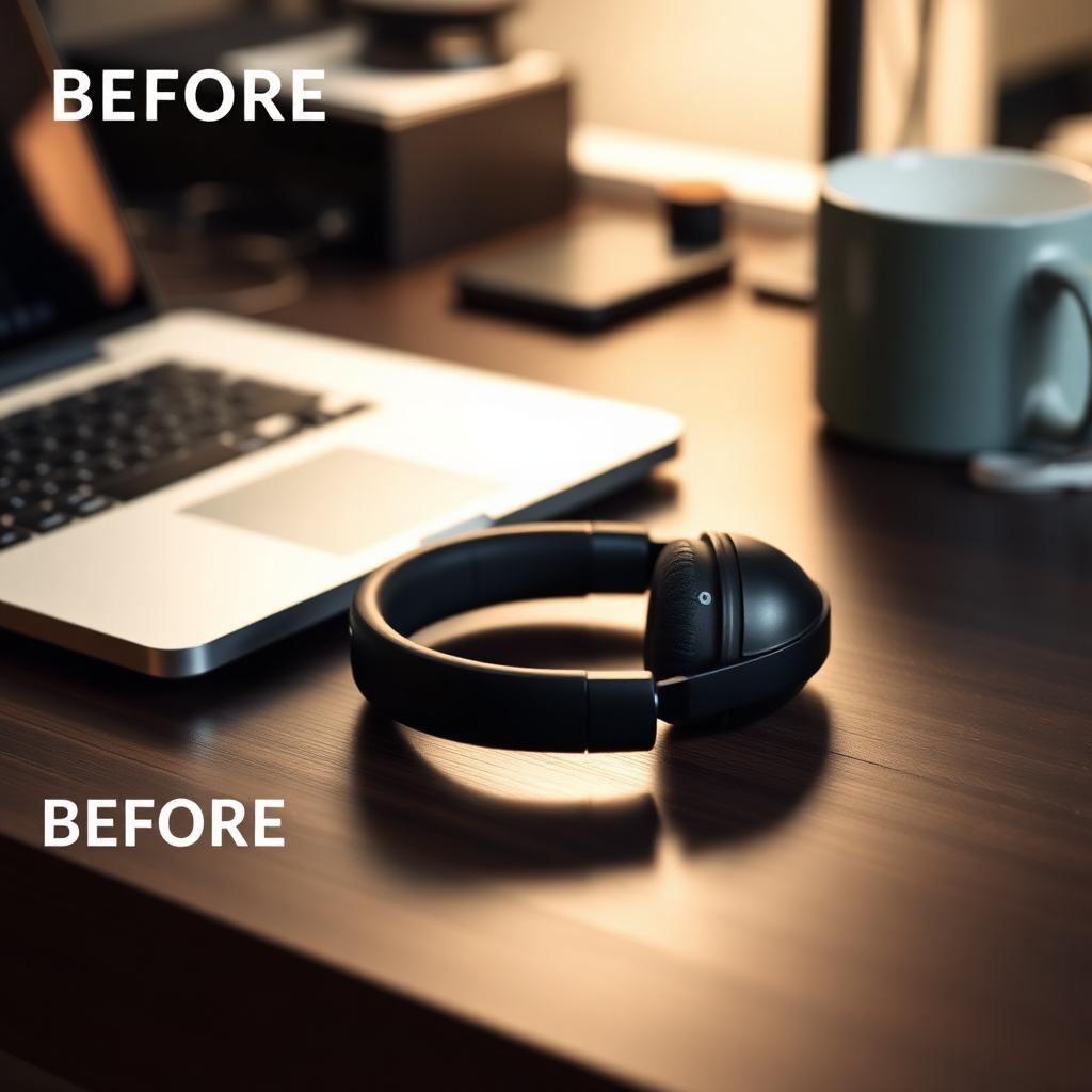 Black wireless headphones lying flat on a dark wooden desk next to a laptop.