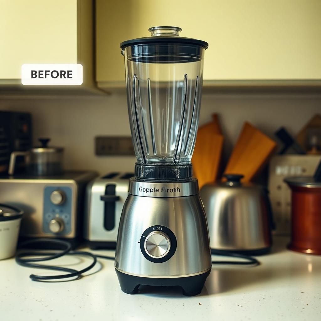 Stainless blender shot at home with toaster and clutter behind it.