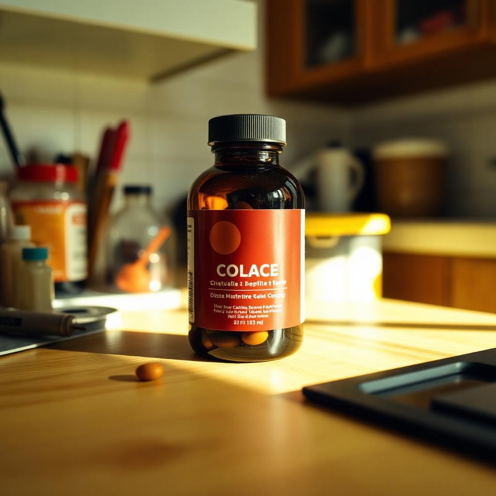 Amateur phone photo of a supplement bottle on a cluttered kitchen counter.