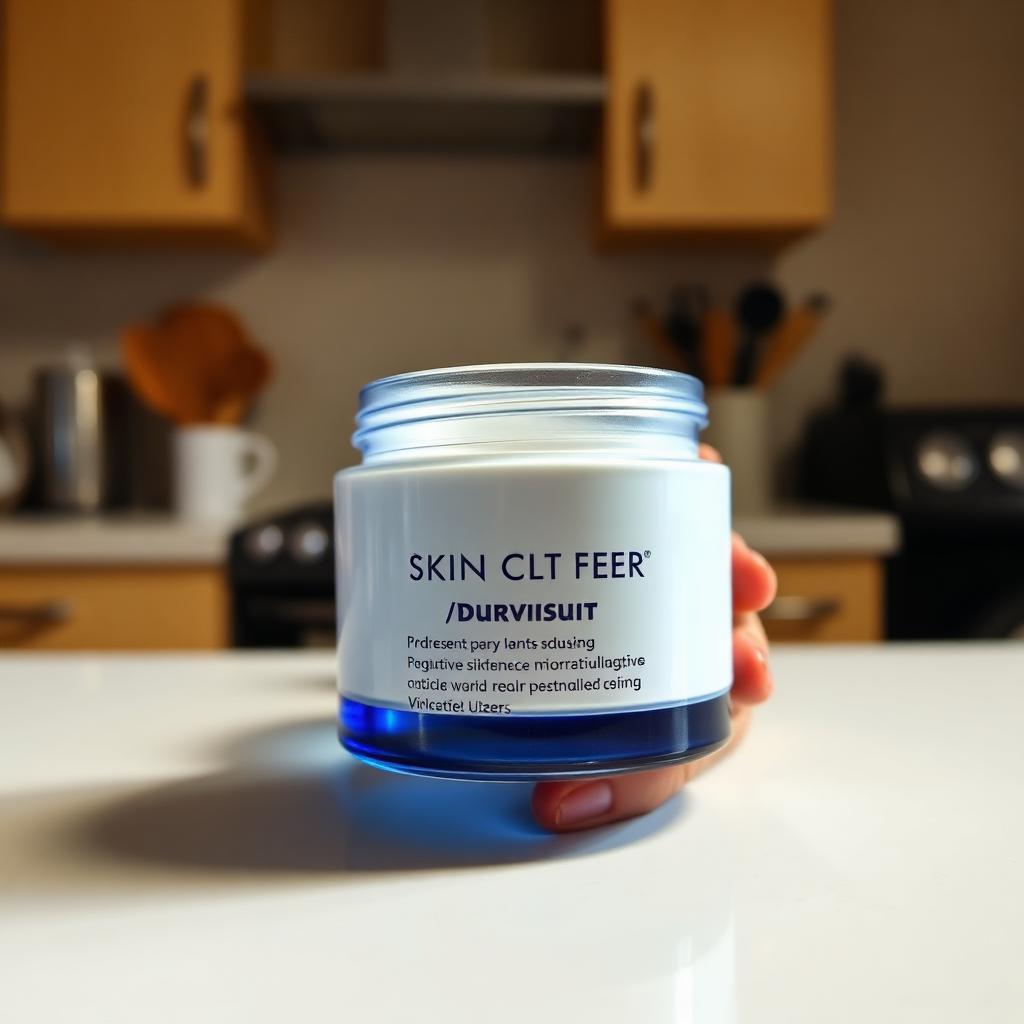 Phone-shot product image of a moisturiser jar on a kitchen worktop — uneven ambient light, off-white background, slight angle distortion