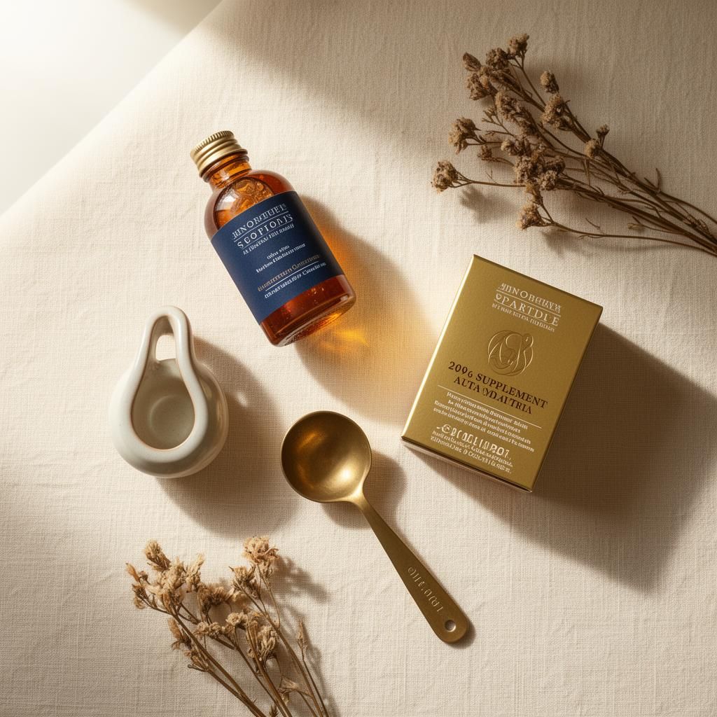 Premium flat-lay arrangement of UK consumer products on linen — editorial styling