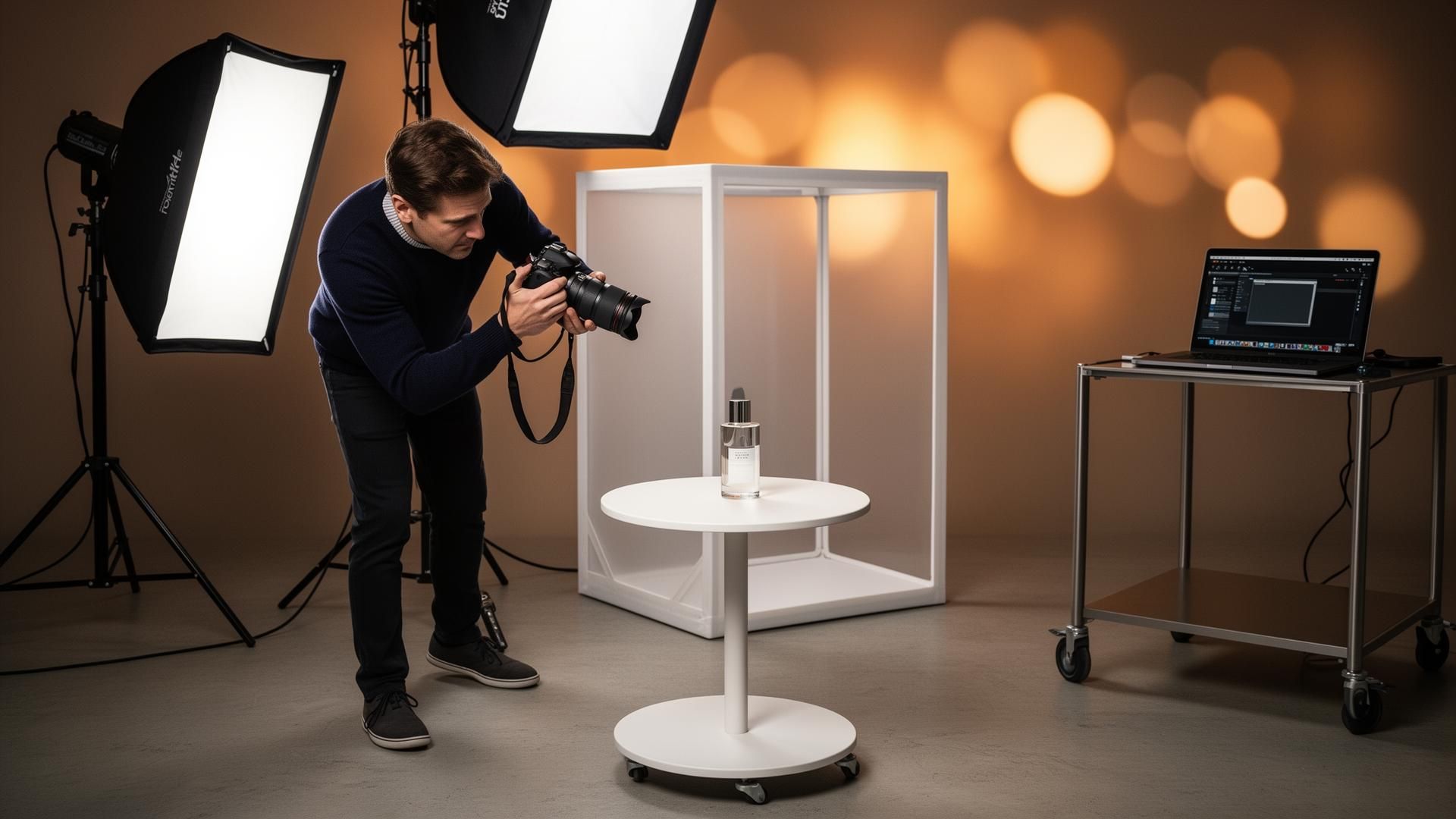 Photographer capturing a product inside a cube-light enclosure in a UK studio