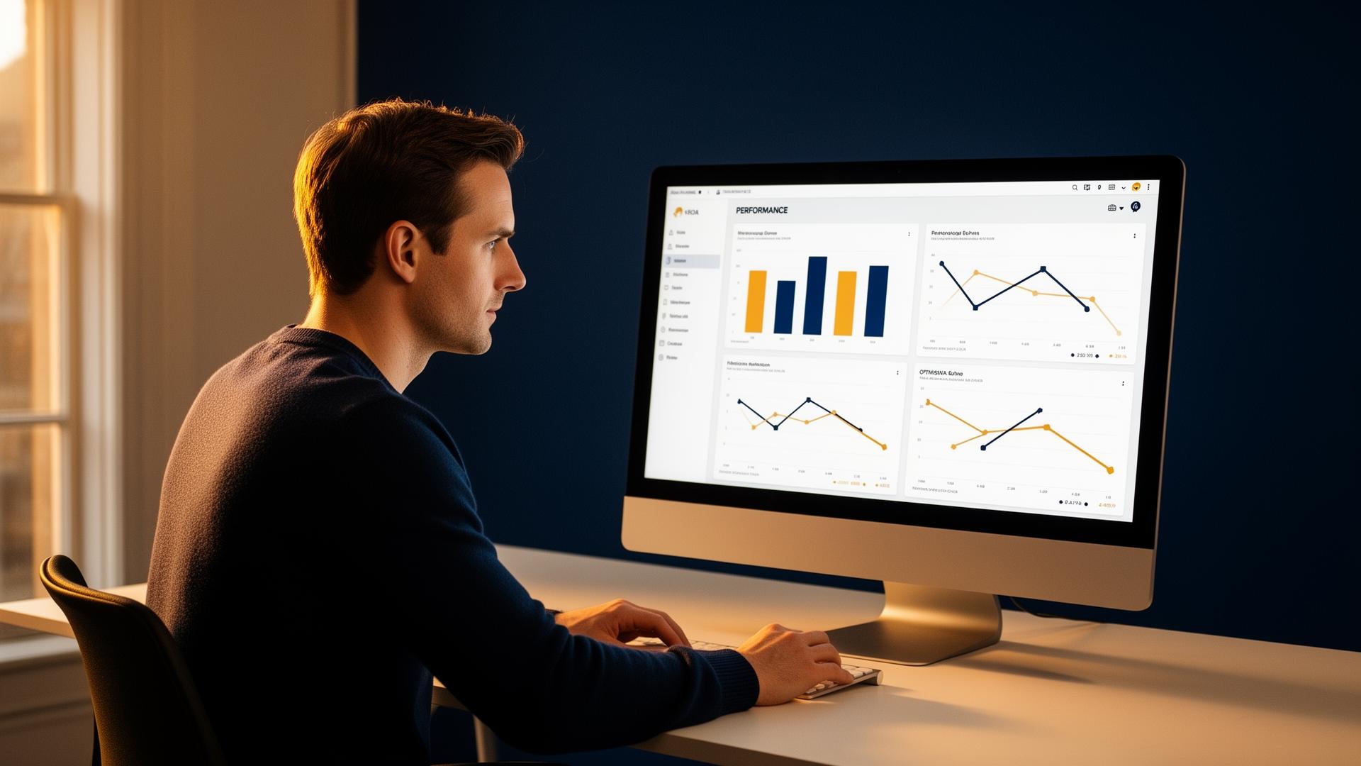 A UK Amazon PPC strategist studying performance dashboards on a large monitor in a warm, naturally lit UK workspace at golden hour — focused, considered, foundation-first work.