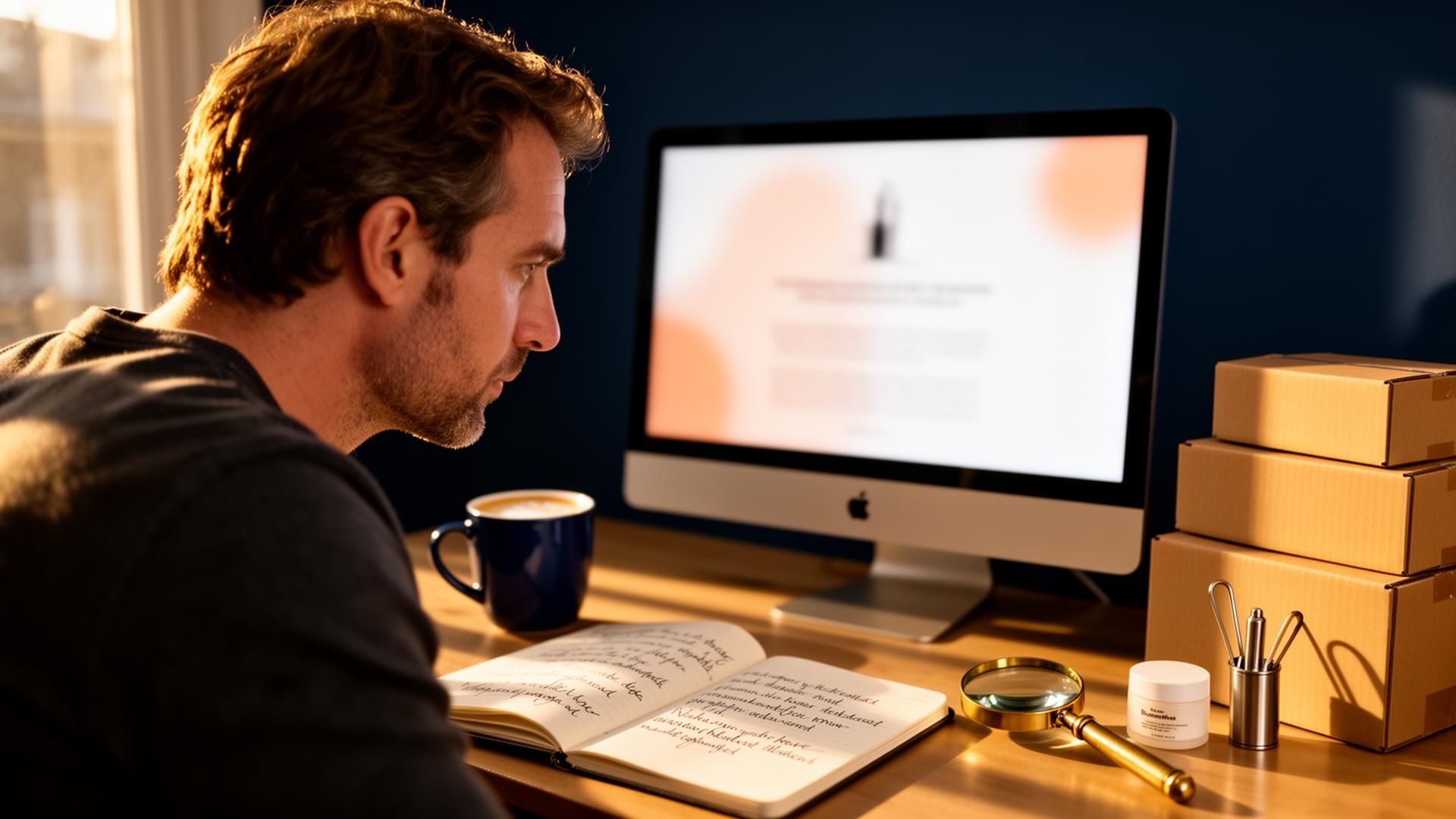 UK Amazon seller reviewing a product listing on a desktop monitor at golden hour — Buy Box Savvy Amazon listing optimisation in progress, with keyword research notebook, magnifying glass and FBA shipping boxes on the desk.