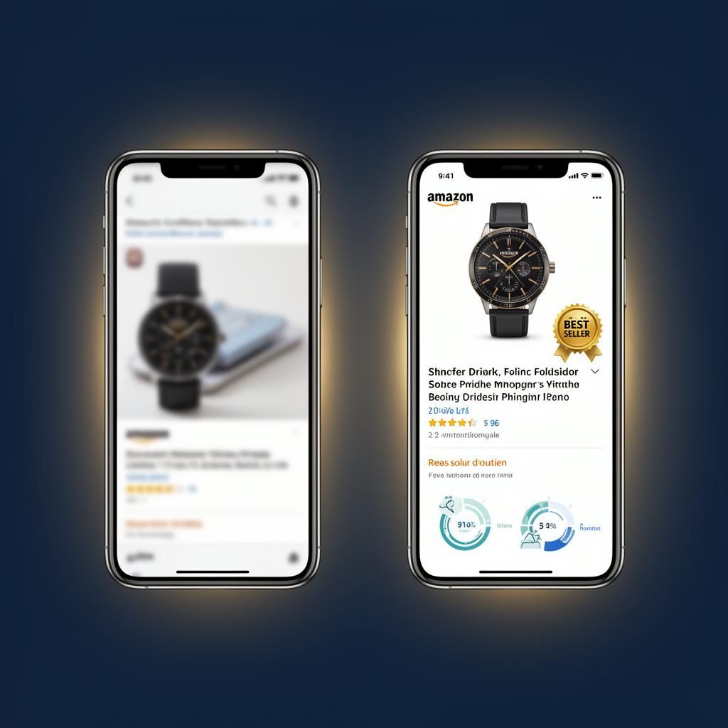 Side by side mobile mockup of a poor Amazon listing versus a fully optimised version