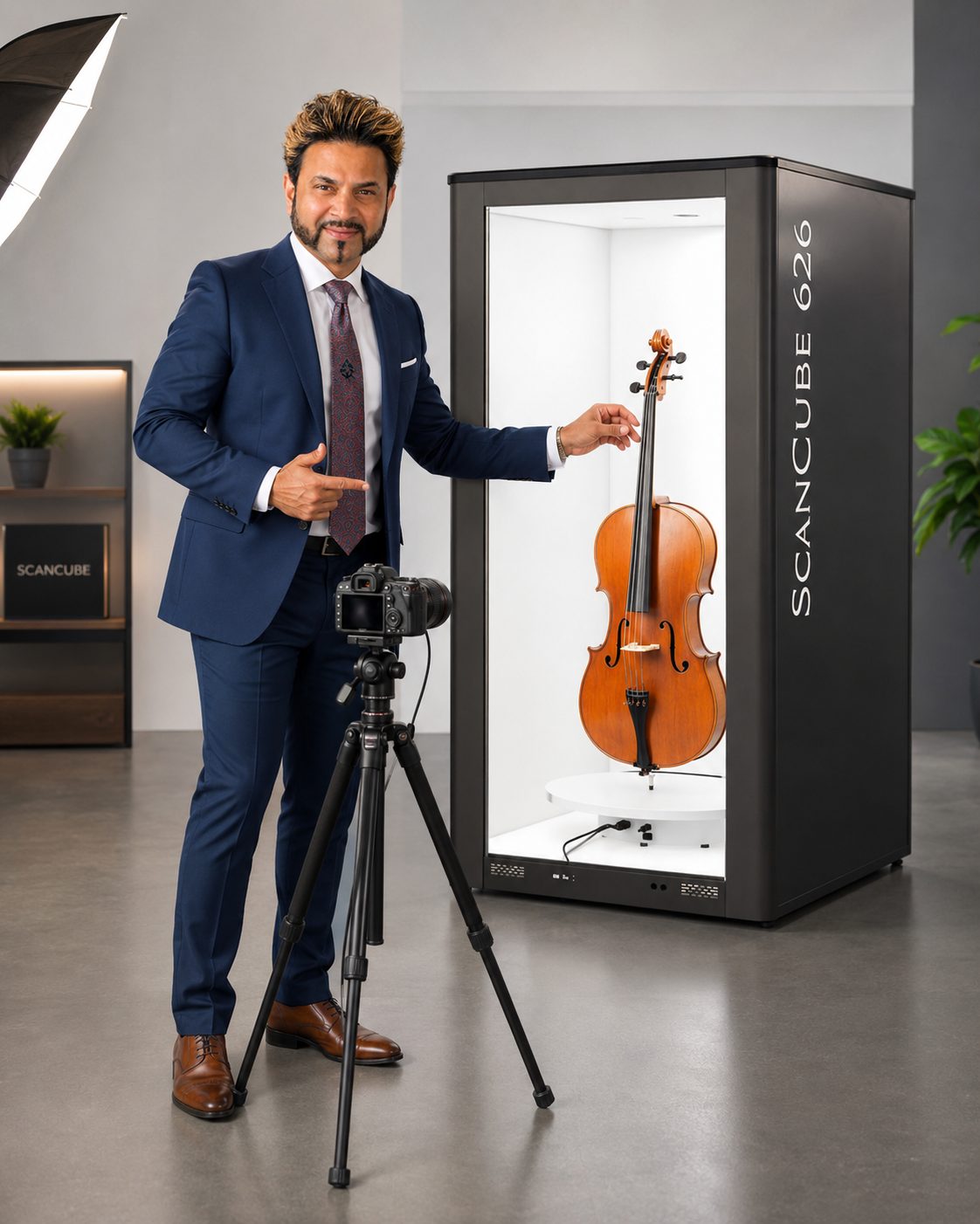 Billy Kukadia in a navy suit pointing at a cello mounted inside a ScanCube 626, tripod-mounted DSLR ready to shoot