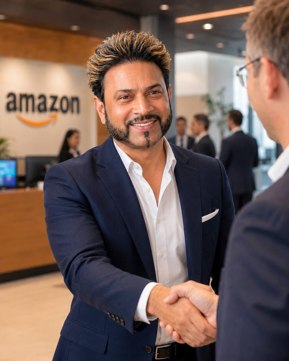 Billy Kukadia, founder of Buy Box Savvy, shaking hands with a UK Amazon brand owner at the Amazon office — independent UK Amazon listing optimisation specialist working across Seller Central and Vendor Central.