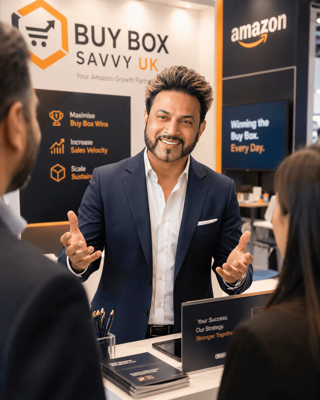 Billy Kukadia at the Buy Box Savvy UK booth, briefing brand owners on Amazon growth strategy.