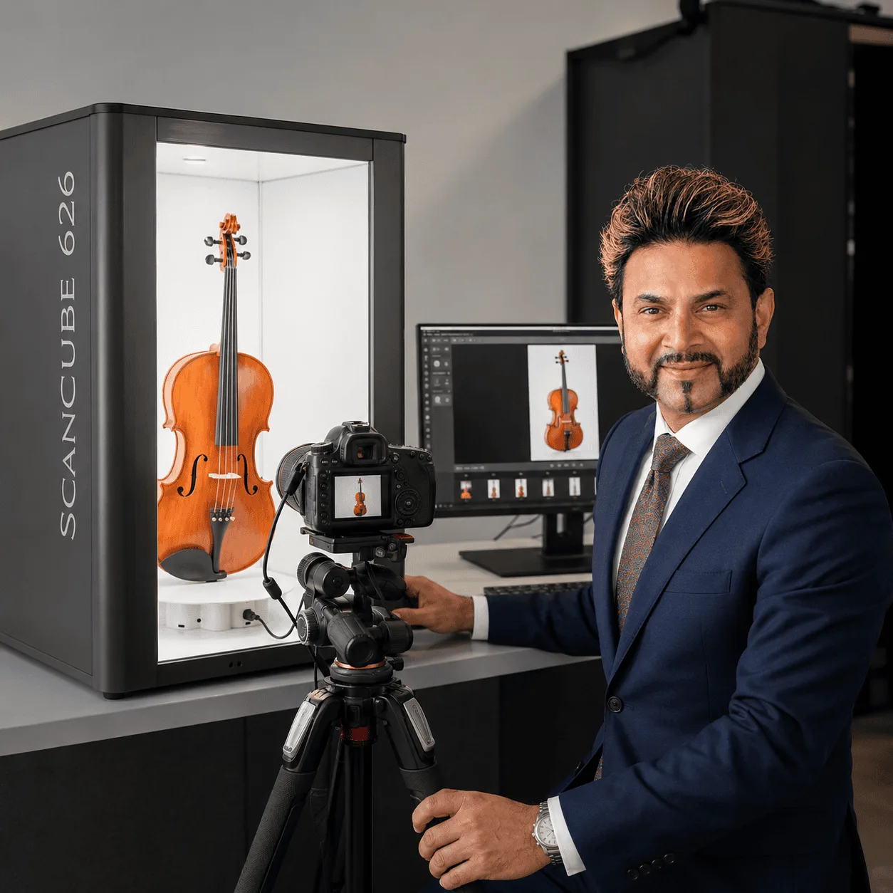 Billy Kukadia in a navy suit beside a ScanCube 626 with a violin on the turntable, tethered DSLR previewing the retouched main image on the studio monitor.