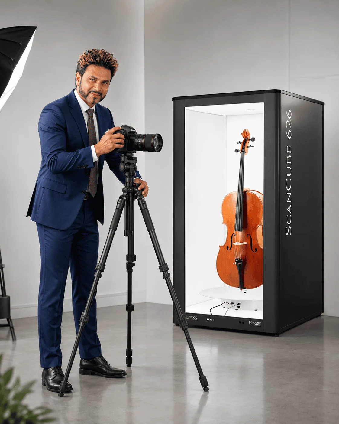 Billy Kukadia framing a shot through a tripod-mounted DSLR beside a ScanCube 626 capturing a cello — Buy Box Savvy UK product photography studio.